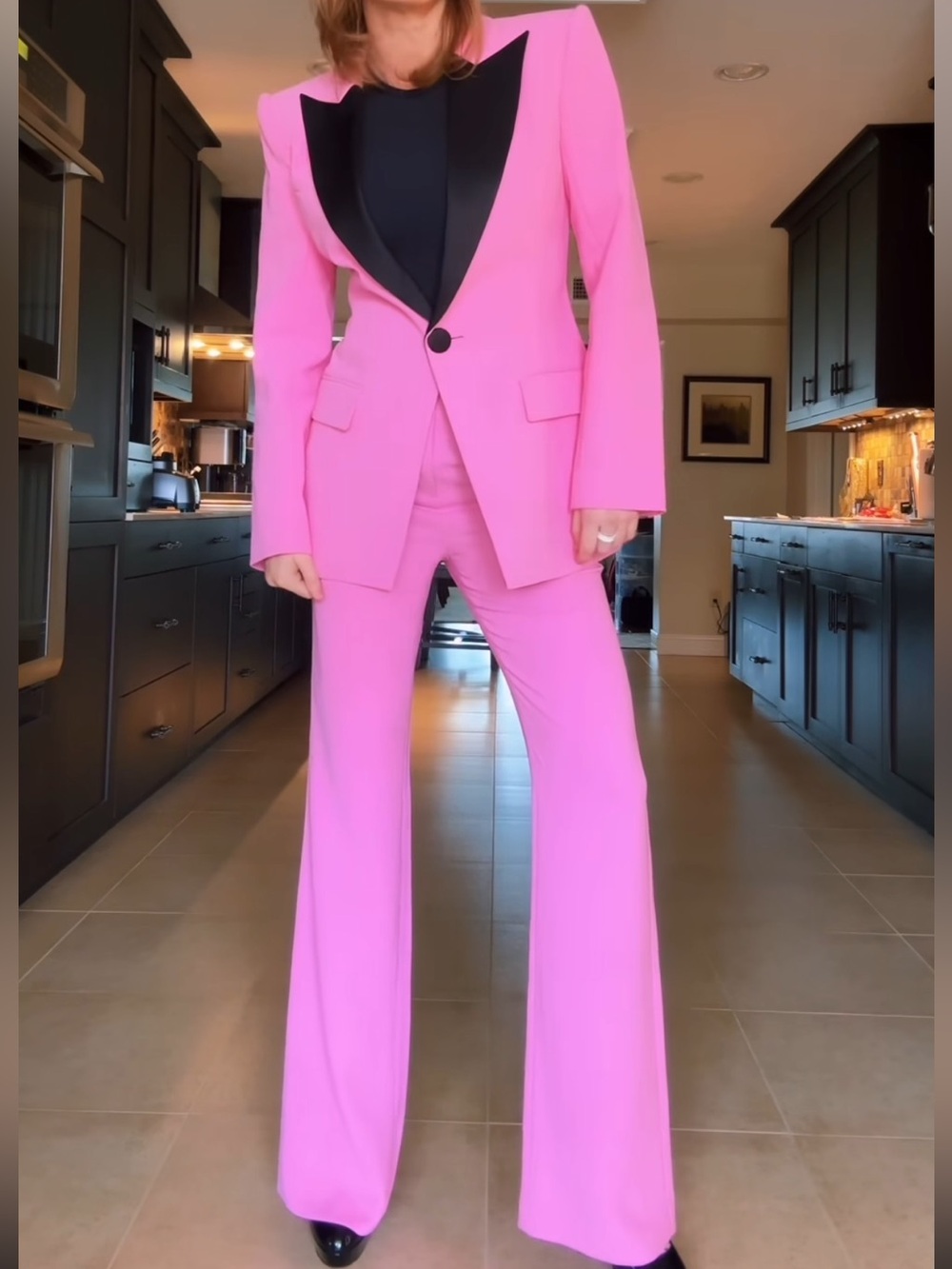 Retrofete Pink Blazer with Black Satin Lapel & Matching Wide-Leg Pants